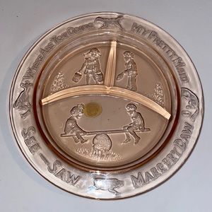 Vintage New A Tiara Exclusive Glass Child Divided Nursery Rhyme Plate Clear Pink